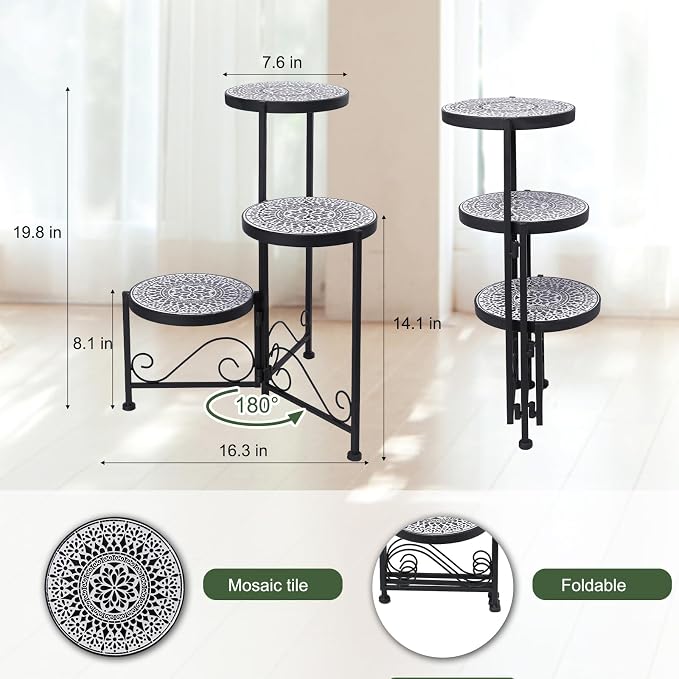 3 Tier Mosaic Plant Stand Foldable Corner Shelf for Indoor Outdoor Tall Plant Holder Display Rack for Patio Balcony Living Room Garden Decor