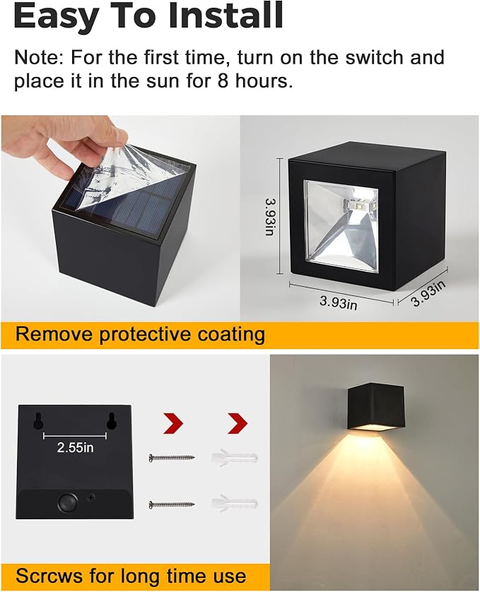 LUHLEE Solar Wall Lights Outdoor, Modern Square Solar Wall Sconce IP65 Waterproof, Solar Outdoor Lights for Patio, Porch, Garden, Backyard, Fence Decor (2 Pack)