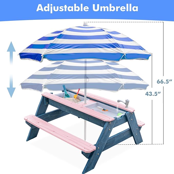 Kids 3-in-1 Sand & Water Table, Wood Outdoor Convertible Picnic Table w/Umbrella, 2 Trays, Removable Top with Faucet, Picnic Table for Outdoor Playset (Pink/Orange)