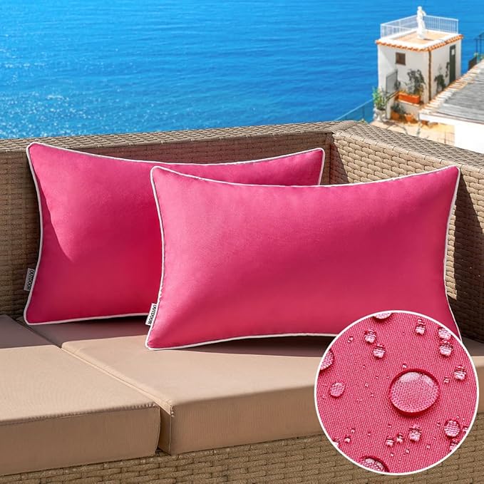 MIULEE Pack of 2 Outdoor Waterproof Pillow Covers Decorative Lumbar Throw Pillows Solid Color Farmhouse Couch Cushion Covers for Patio Tent Bed Sofa Living Room 12x20 Inch Hot Pink
