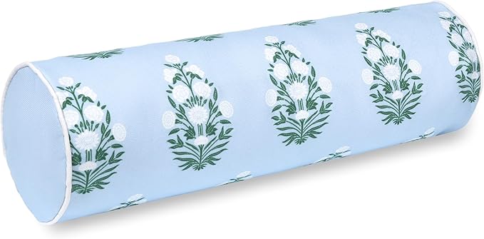 Hofdeco Premium Coastal Grandmillennial Patio Indoor Outdoor Bolster Pillow Cover Only, 6"x20" Water Repellent for Backyard, Couch, Poolside, Baby Blue Green Print Flower