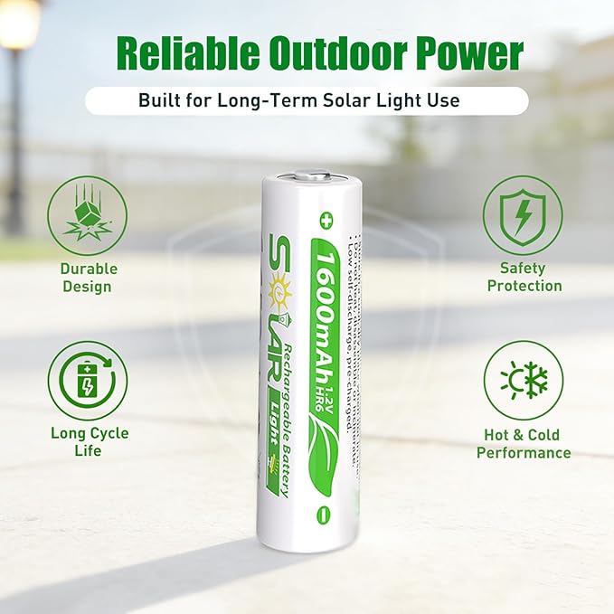 16 Pack AA Rechargeable Batteries for Solar Lights, NiMH 1.2V 1600mAh Precharged Low Self-Discharge, Replacement Batteries for Outdoor Garden Pathway Deck Fence String Lights