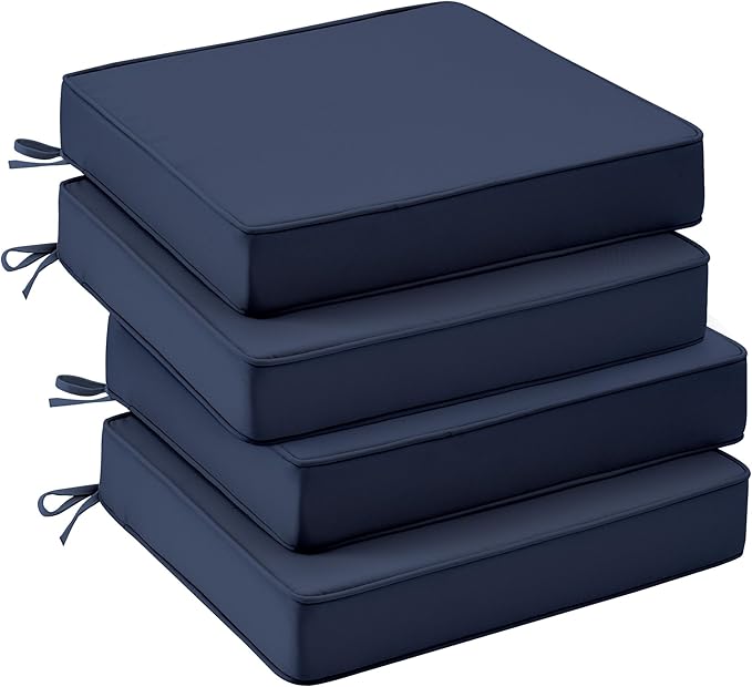 UNIKOME Outdoor Chair Cushions Set of 4, Water Resistant Patio Seat Cushions with Ties for Outdoor Furniture, High-Density Foam, UV & Fade Resistant, Piped Edge – 19" x 19" x 3", Navy