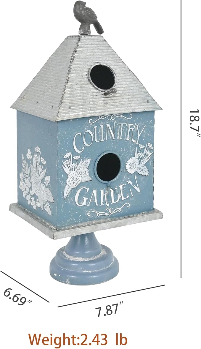 Rustic Blue Metal Bird House, Decorative Bird House with Country Garden Accents & Bird Topper, Standing Design Bird Home - Ideal Outdoor Garden Decor (Blue-Garden)