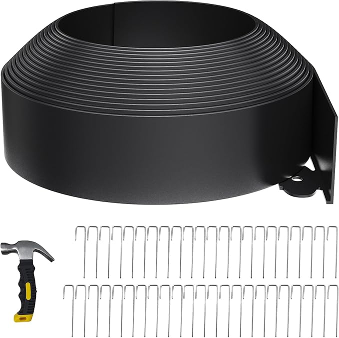33FT Landscape Edging 4 in Tall with 45 Spikes, Garden Edging Border and 1 Hammer, Plastic Landscape Edging Border Lawn Edging for Landscaping, Flower Beds, Yard