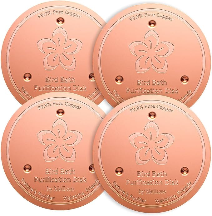 Mellbree 4-Pack Bird Bath Copper Disk, 0.6mm Reinforced 99.99% Pure Copper Cleaning Disk with Triple-Point Support for Physical Safe Clean Water All-Season (Flower)
