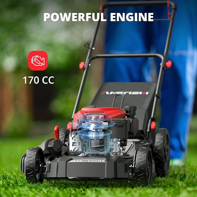 AMERISUN Self-Propelled Gas Lawn Mower, 170cc OHV Engine with High-Velocity Cooling, 21" Steel Deck, 1.4-Bushel Grass Catcher, 6-Position Height Adjustment, 3-in-1 Mulching & Discharge System