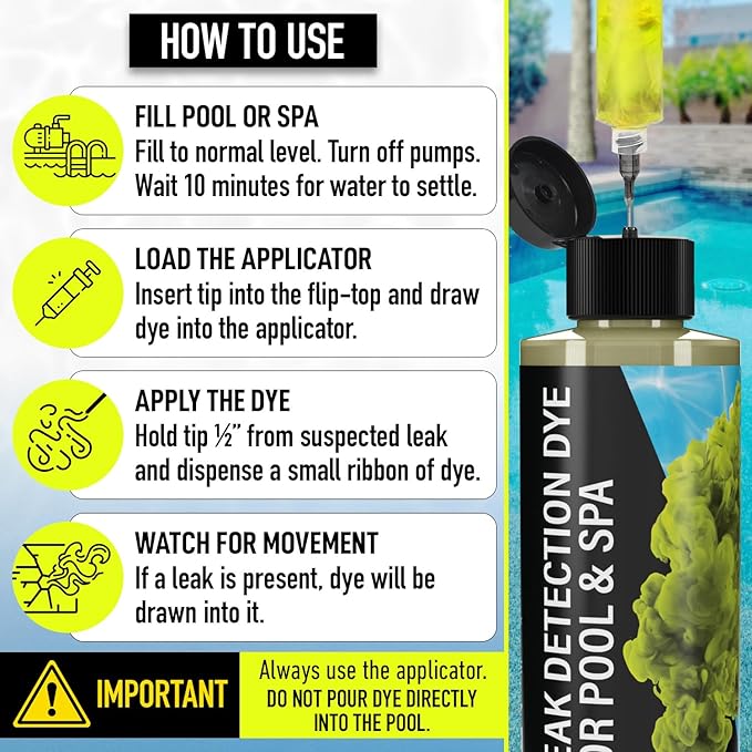Pool Leak Detection Dye Kit - with 2 Precision Applicators - 75+ Tests - Superior Long Lasting UV Pool Dye Easily Locates Leaks - for All Pool, Spa, & Hot Tub Types - 8 OZ (Fluorescent Yellow)