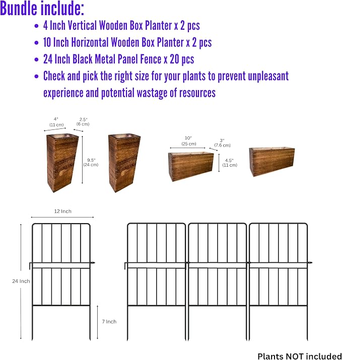 ShopLaLa Bundle- 20-Pack, 24 Inch Decorative Garden Fence + 4-Pack Set Wooden Box Planter Hanging Wall Pot Modern Vase Indoor Home No Dig Black Landscape Fencing Rustproof Metal Wire Border Outdoor