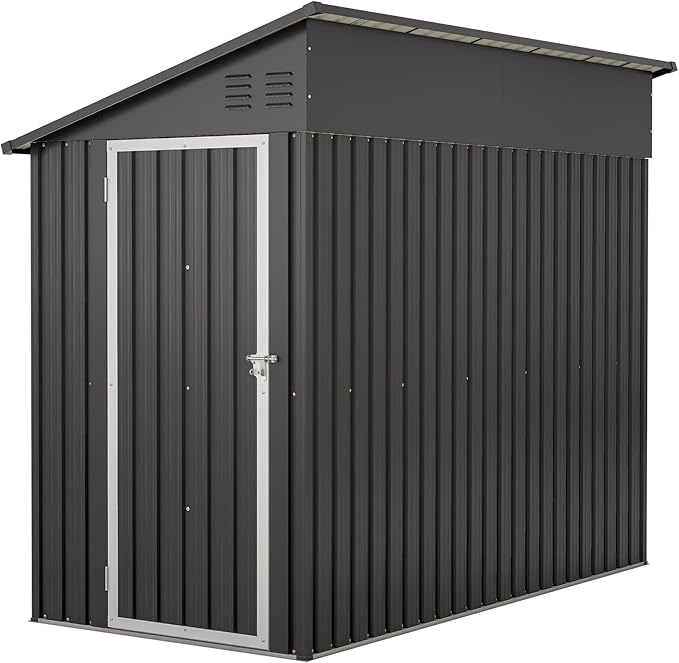 YOPTO 4×8 FT Lean to Metal Shed,Outdoor Heavy-Duty Storage Shed with Floor Base,All Weather Waterproof Garden Tool House W/Lockable Door&2 Air Vent,Reversible Door Design,for Backyard,Patio,Lawn,Black