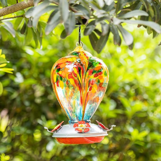 Hummingbird Feeder, 34OZ Hand Blown Glass Hummingbird Feeders for Outdoors Hanging, 4 Feeding Perch with Ant Moat Leakproof, Garden Yard Decor Gifts for Women Mom (Holiday Balloon) | LaElvish Garden Hummingbird Feeder, 34OZ Hand Blown Glass Hummingbird...