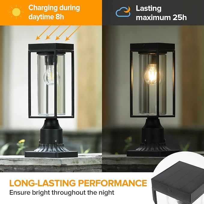 LUTEC 2 Pack Solar Post Lights, Dusk to Dawn Aluminium Lamp with Pier Mount Base, Exterior Black Solar Fence Light Outdoor Waterproof for Garden Yard Patio