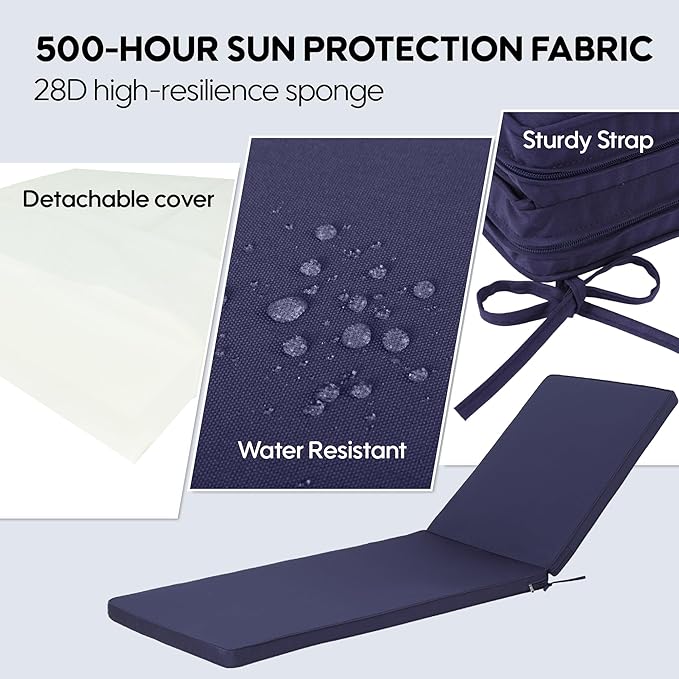 Only Choice Chaise Lounge Cushion, Outdoor Chair Cushions for Pool Side Chaise Lounge, Patio (Navy Blue-2 pc)