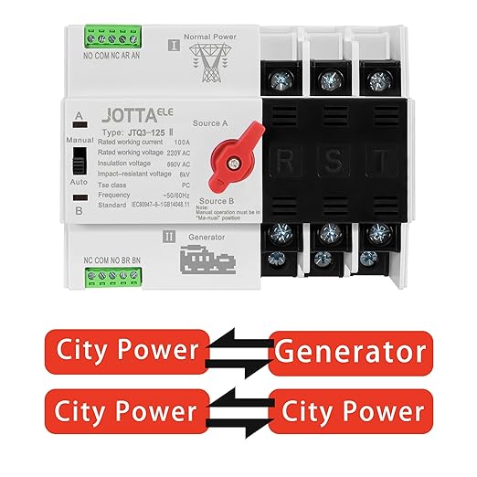 JOTTAELE ATS,Mini Size ATS,Automatic Transfer Switch 3P 100A 220V 50/60Hz,Changeover Switch for Generator,Household Emergency Switch for Power Supply