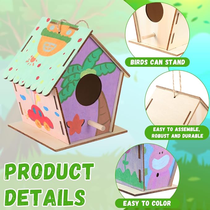 DoubleFill 36 Pack 4.3" Wooden Bird Houses Bulk for Kids with Front Perch Peg, DIY Kid Art Craft Outdoor Birdhouse Kit Unfinished Hanging Birdhouse Class Activity for Girls Boys to Build and Paint