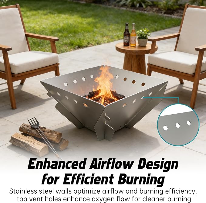 Stainless Steel Fire Pit for Camping, Collapsible Fire Pit for Outdoor Use, 2-4 Person Portable Firepit, Tool-Free Assembly, Patio, Bonfire, Picnic and BBQ with Grill Net & Canvas Storage Bag
