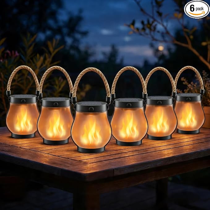 Solar Lanterns Outdoor Waterproof 6 Pack, Outdoor Solar Lanterns with Flickering Flame Effect, USB-C & Solar Charging, Auto Dusk to Dawn, Hanging Light for Garden Patio Yard