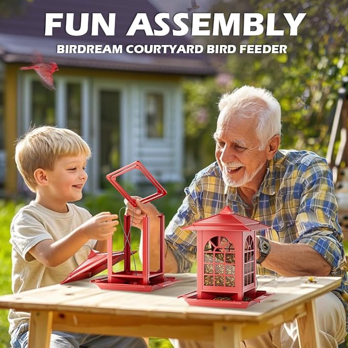 Birdream Bird Feeders for Outdoor Hanging, Assembly Required, 1-Min Easy Setup, Classic Courtyard Design, Attracting Cardinals Chickadees Goldfinches & Sparrows - Red