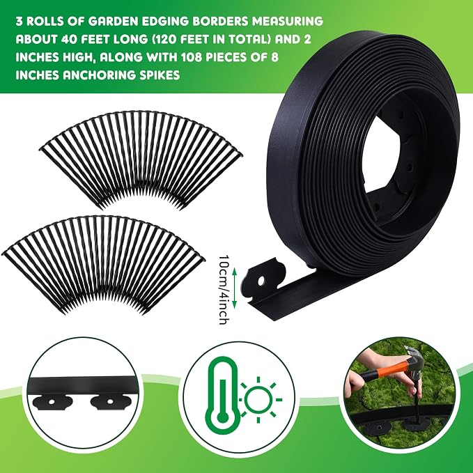 Queekay 120 Ft x 4 Inch Garden Edging Border with 108 Spikes, Plastic Flexible Landscape Edging, Heavy Duty Garden Barrier Edge for Flower Beds Yard Lawn Pathway Paver
