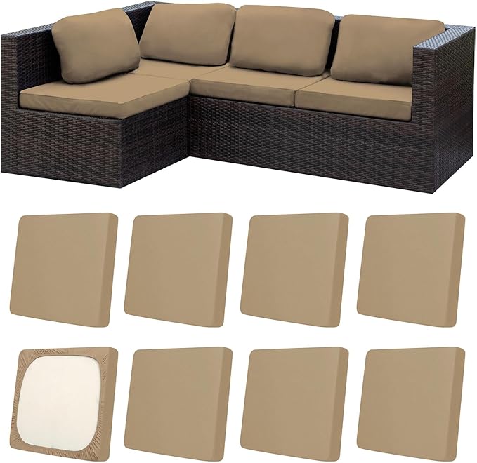 8Pcs Patio Cushion Covers,Outdoor Cushions Covers,Stretch Cushion Covers Replacement, Washable and Reusable Furniture Protectors(Khaki)