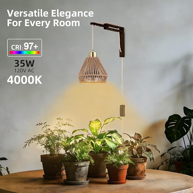 Hanging Grow Lights for Indoor Plants - 35W 4000K Full Spectrum Plant Light, Wall Mounted Grow Light with Wooden Bracket, Timer, 15FT Power Cord, Ideal for Plants, Flowers & Home Decor