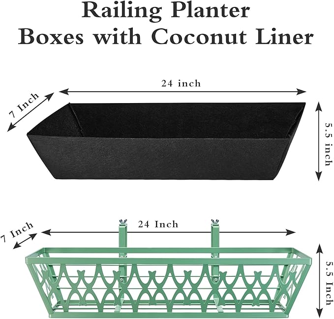 4 Pack 24 Inch Window Boxes Planters Railing Planter Box with Adjustable Brackets & Non-Woven Fabric Plant Grow Bags Deck Railing Planter Boxes Balcony Hanging Flower Box for Outdoor Plants
