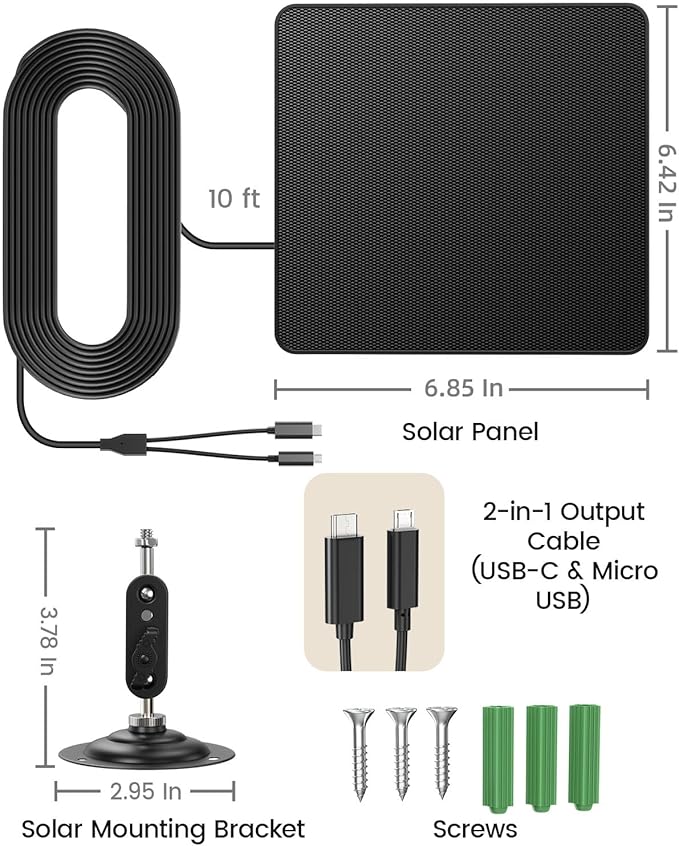 KJK 6W Solar Panel for Security Cameras – Solar Battery Charger with Micro USB & USB-C, IP67 Waterproof with 360° Adjustable Mount