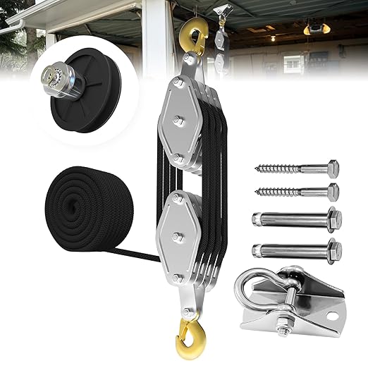 YATOINTO Rope Hoist Pulley System, 4400LB Block and Tackle Pulley System, 8:1 Lifting Power 65ft, Pulley Block for Lifting Loading Pulling with 1 Swing Hanger 2 Screws 2 Expansion Bolts