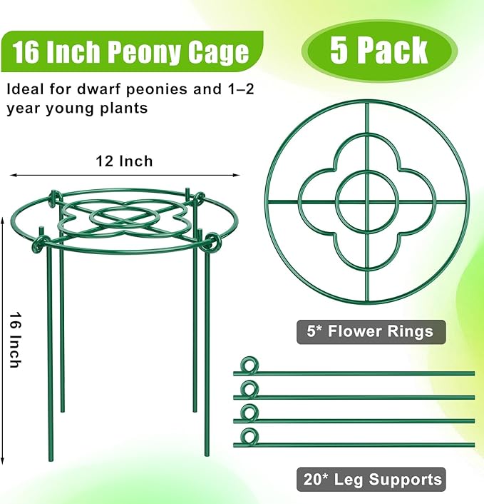 cyrico Peony Cages and Supports 5 Pack, 12” x 16” Heavy Duty 3.5mm Metal Peony Stakes with 4 Legs, Rust-Proof Grow Through Plant Support Hoops, Outdoor Garden Flower Support Rings for Heavy Blossoms