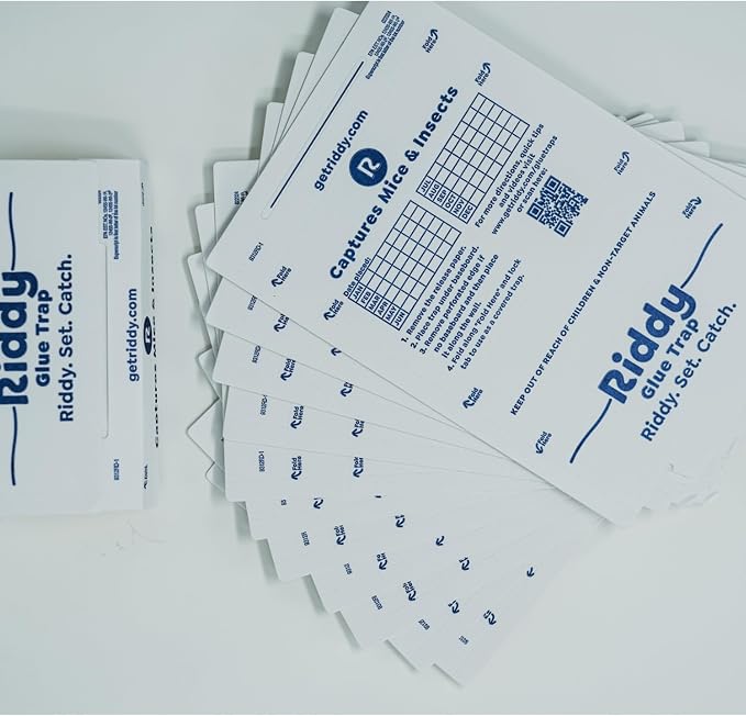 Riddy Glue Boards, 12 Boards, Pre-Baited, Ready to Use Mouse Traps Indoor for Home, Sticky Adhesive for Bugs and Rodents, 5.5" x 7.5"