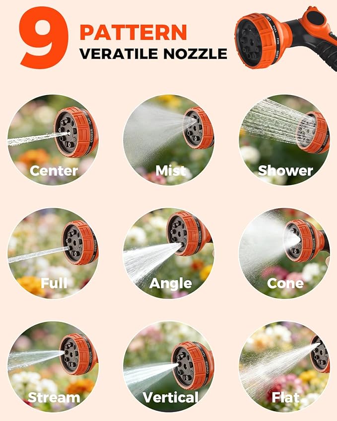 100FT Retractable Garden Hose Reel 1/2 Inch with 9-Pattern Nozzle - Automatic Slow Return & Any Length Lock, Wall Mounted Heavy Duty Hose Reels for Outside, 180° Swivel UV Resistant