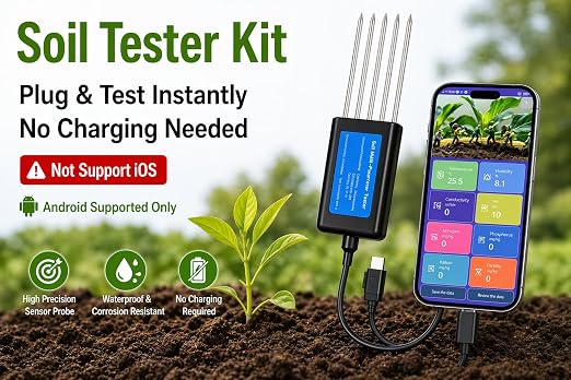 8-in-1 Soil Tester for Android Phone, NPK PH Moisture EC Meter, Digital Soil Test Kit No Charging, High Accuracy Sensor for Garden Lawn Farm Soil Fertility