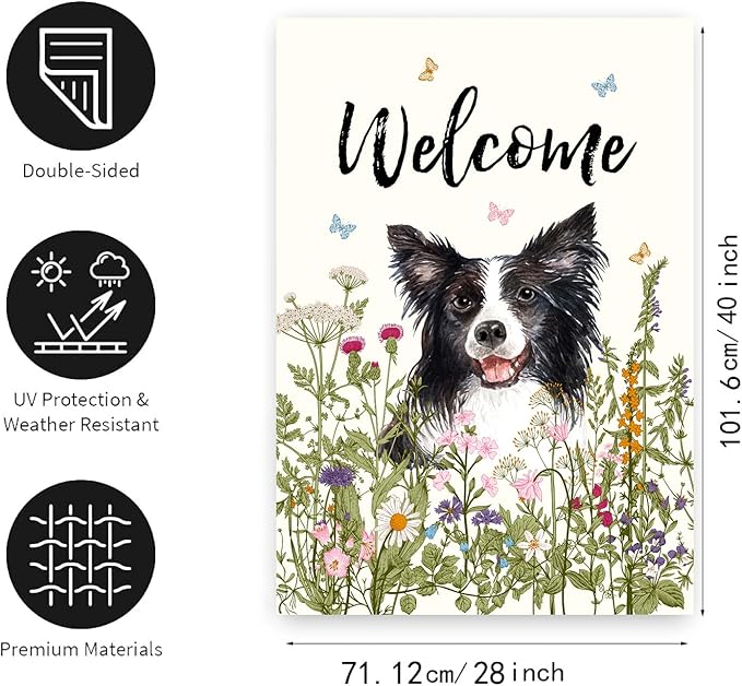 Floral Border Collie Garden Flag Spring Summer House Flags 28 x 40 Double Sided Flower Dog Yard Flags for Outside Large Outdoor Welcome Flags