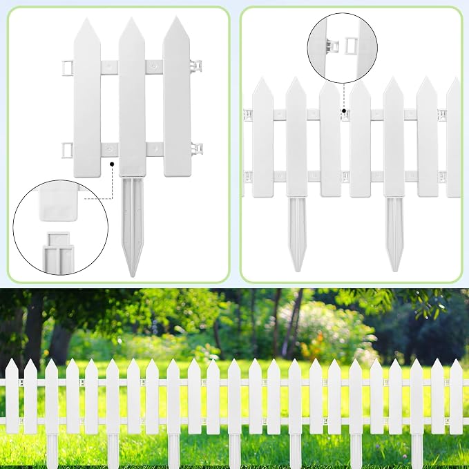 72 Pack White Garden Fence with 72 Insert Lawn Picket Fence Garden Border Decorative Plastic Panels for Landscape Path Flowerbeds Plant Yard, 6.69'' L x 7.87'' H
