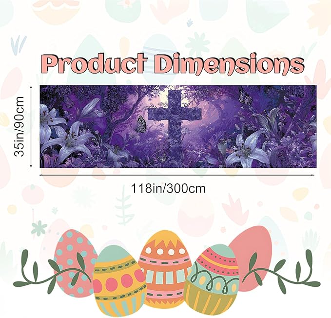 Purple Christian Cross Fence Banner 118 x 35 Inch, Large Waterproof Outdoor Religious Floral Banner with Lilies & Butterflies for Yard Church Decorations