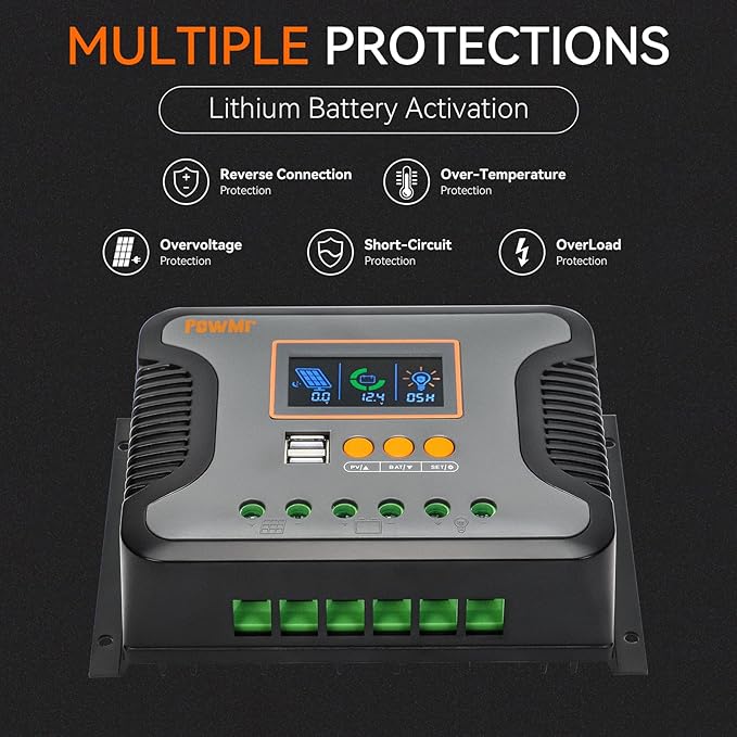 PowMr 60A Solar Charge Controller 12V/24V/36V/48V Auto Regulator with Parameter Adjustable LCD Display and Dual USB for Lithium Battery, AGM, Gel, Sealed and Flooded Battery Charge
