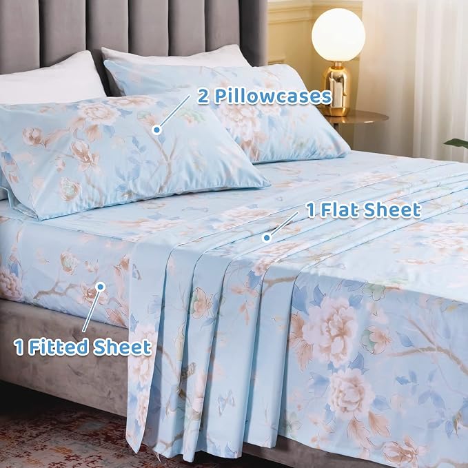 QSH Floral Bed Sheets Set King Size - Luxury Bird Buttefly Print Bed Sheet Set - 100% Egyptian Cotton Extra Soft and Breathable - 4 pcs Deep Pockets - Flower Bed Sheets