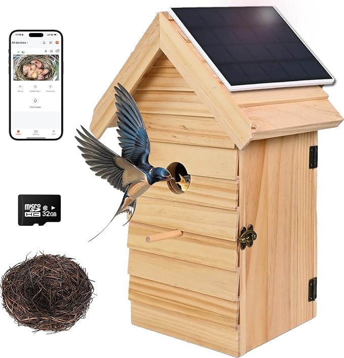 Smart Bird House with Camera, 2.4G WiFi & App Alerts, 160° Wide View 1080P HD Wireless Birdhouse, Auto Capture Bird Video & Motion Detection, Smart Bird House Camera Solar Powered (Natural, Normal)