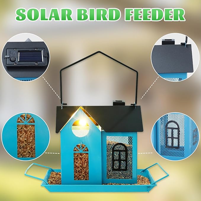 Solar Bird Feeder for Outdoors - Blue Metal Hanging Bird Feeder with Solar Light, Decorative for Wild Cardinals, Finches, Weatherproof Backyard Garden Decor Ideal Gift for Women Mom Grandma