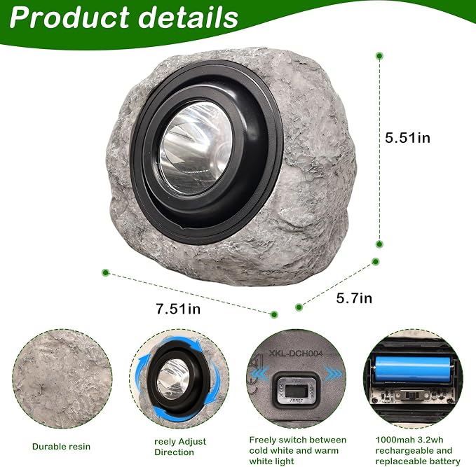 Solar Rock Lights Outdoor,4 Pack IP65 Waterproof LED Solar Ash Gray Garden Stone Spotlights,Warm White & Cool White Switchable,Auto On/Off Landscape Lights for Pathway Walkway Yard Patio