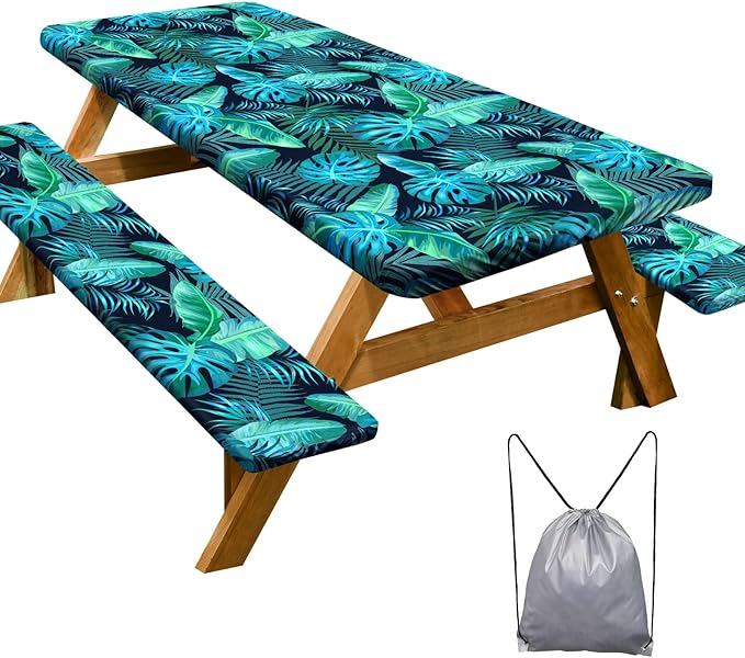 Picnic Table Cover with Bench Covers Camping Essentials Waterproof Windproof Camping Tablecloth with Drawstring Bag, Fitted Rectangle Tables and Seats, 72in, Green Leaf
