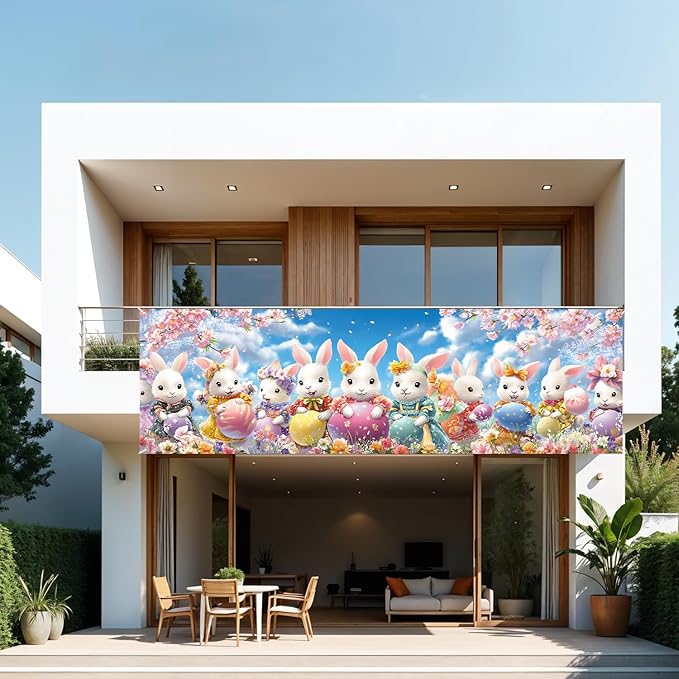 10x3 ft Extra Large Happy Easter Banner Outdoor 115''x35'' Cut Rabbit Banner for Fence Outside Garden Large Bunny Banners Yard