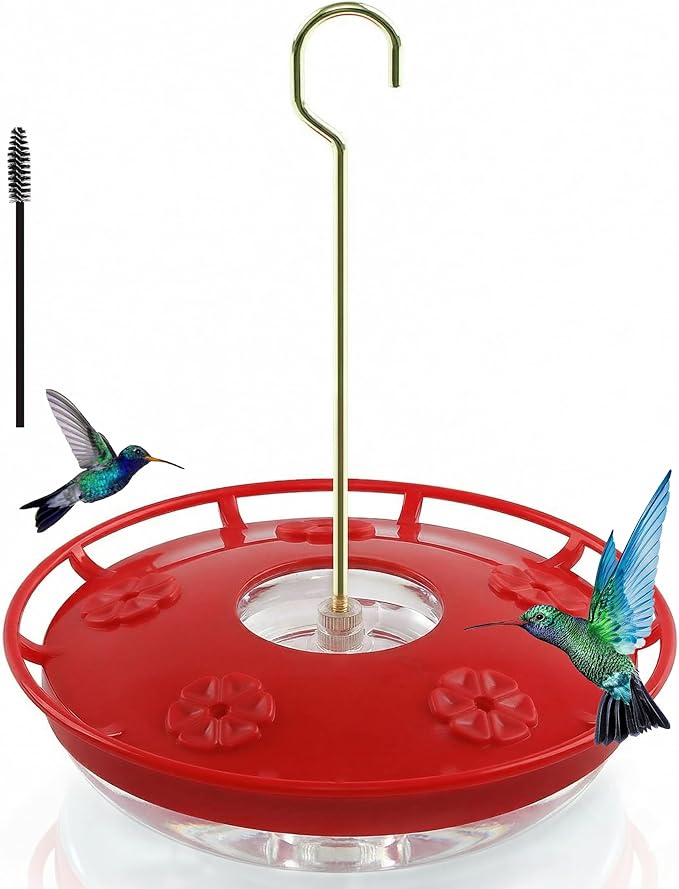 FEED GARDEN 16oz Hummingbird Feeder for Outdoors - Leak-Proof Disc Design with Built-in Ant Moat, 5 Feeding Ports, Wide Mouth Easy Clean & Refill, Red Hanging Feeder for Garden