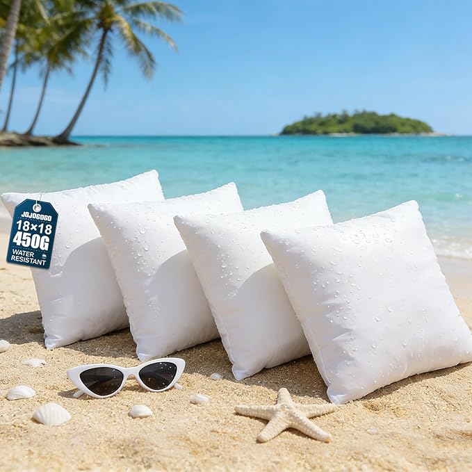 JOJOGOGO 18x18 Outdoor Throw Pillow Inserts Waterproof Set of 4, 18 x 18 White Water Resistant Decorative Pillows for Couch Porch and Patio Furniture