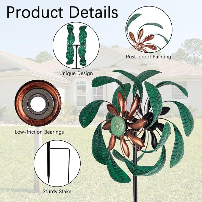 Viveta Outdoor Wind Spinner, Green Leaf Wind Sculptures, Metal Windmill Garden Pinwheels for for Patio, Lawn, Yard