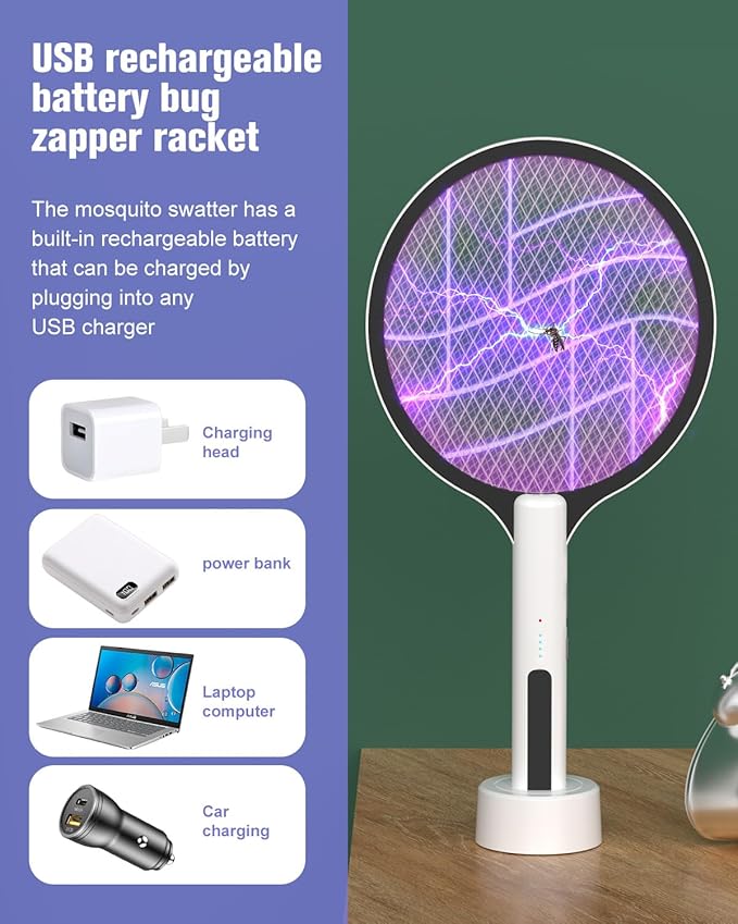 2PACK Electric Fly Swatter 4500V Bug Zapper Racket, 2 in 1 Handheld Fly Zapper & Purple Mosquito Killer Rechargeable and 3-Layer Safety for Indoor Home Office Backyard Patio Camping