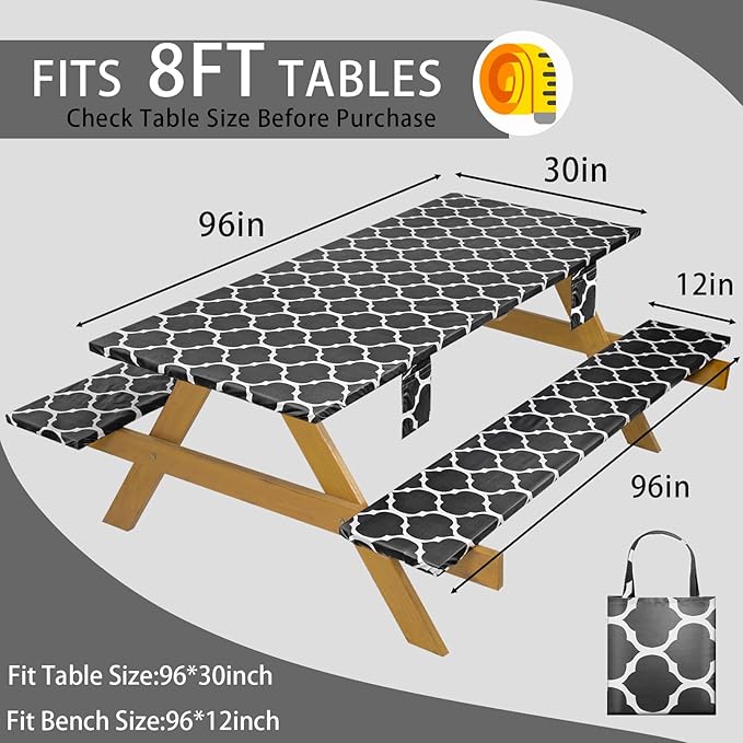 Fitted Picnic Table Cover with Chair Covers Elastic Water Resistant Camping Tablecloth for 6 Foot Rectangle Tables Garden Patio Outdoor Organization Road Trip Hiking Motorhome Essential Gift