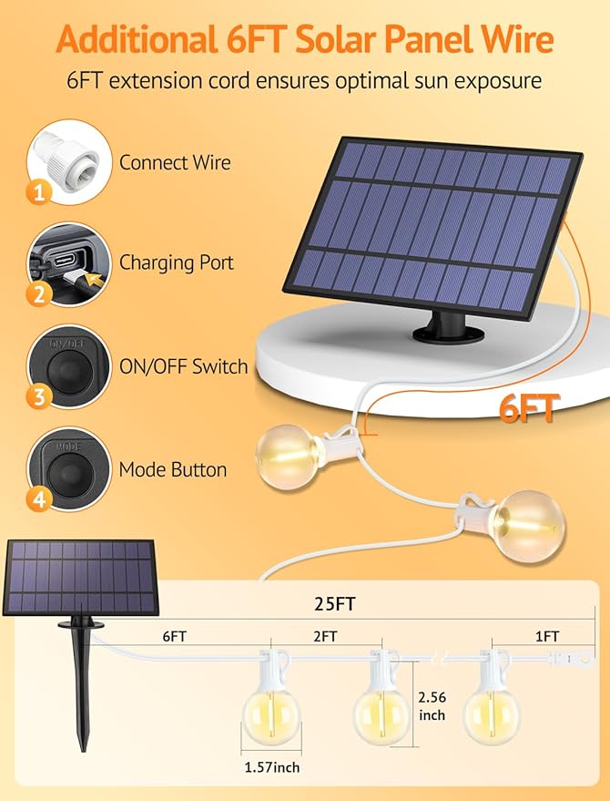 Larkvue 25FT Solar String Lights Outdoor with Remote, Waterproof Dimmable 3 Modes Patio Lights with 10+1 LED Shatterproof G40 Bulbs for Garden-White