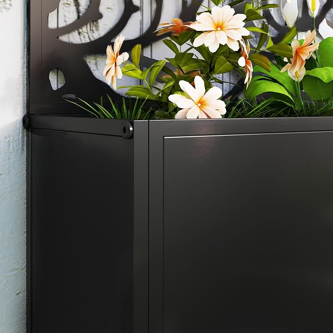 Outsunny Metal Raised Garden Bed with Trellis for Climbing Plants, Freestanding or Wall Mounted Flower Bed with Privacy Panel, Leaves Cut-Outs Outdoor Planter Box for Garden, Patio, Balcony