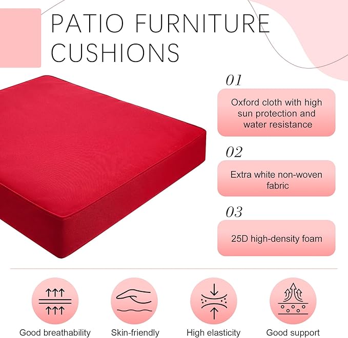 DoubleFill 2 Pcs Outdoor Ottoman Cushion 23"x19"x3" Waterproof Fade Resistant Outdoor Footstools Cushion Removable Patio Ottoman Cushions with Adjustable Fixing Strap for Stool (Red)